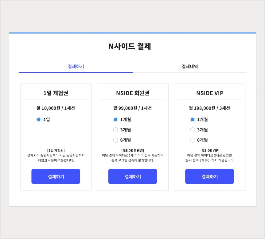 N사이드 결제 화면 — 1일 체험권, 회원권, VIP