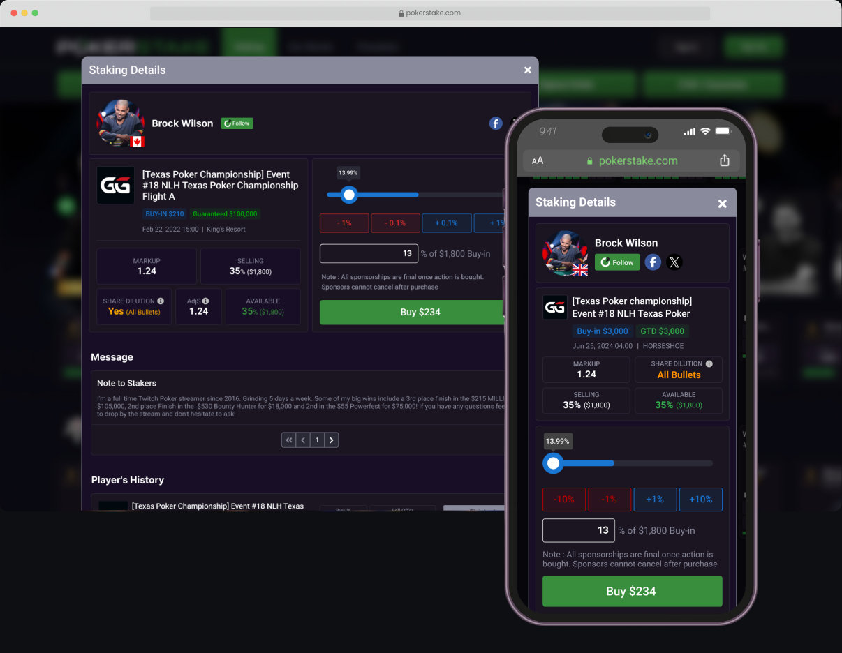 PokerStake 스테이킹 상세 화면 — 데스크톱 웹과 모바일 웹