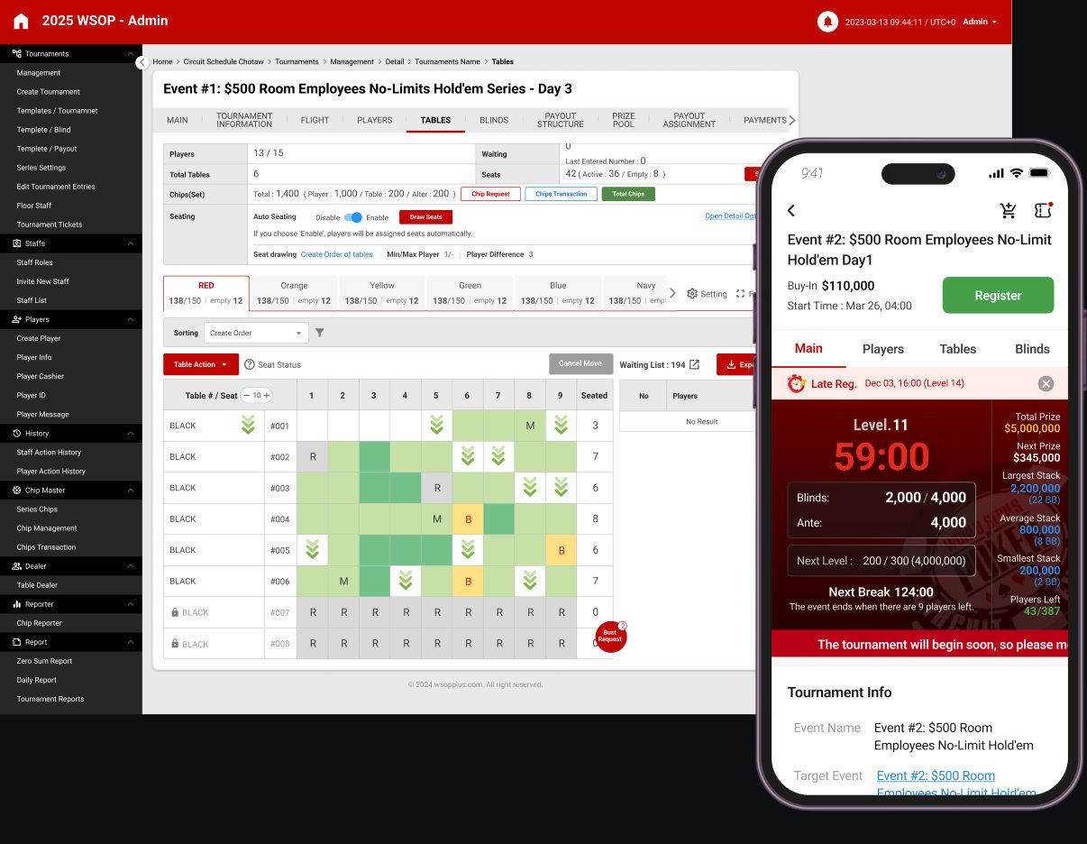 WSOP Plus 어드민 테이블 배치 화면과 플레이어 앱 대회 상세 화면