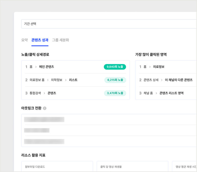 채널 콘텐츠 통계 — 노출 클릭 상세경로와 가장 많이 클릭된 영역