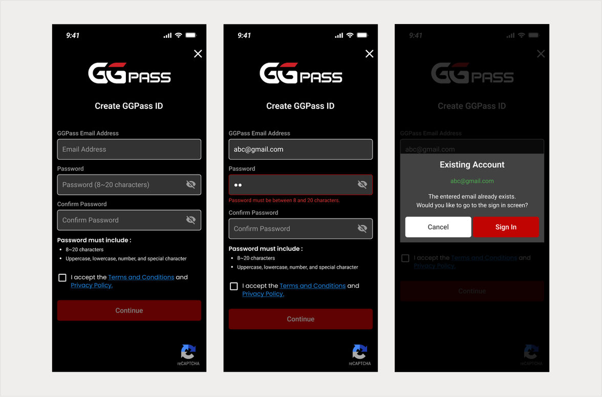 GGPass ID 생성 화면과 이미 있는 계정 안내 모달