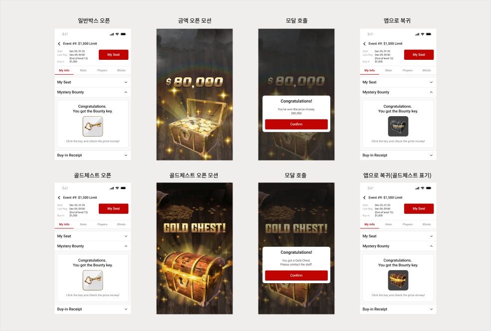 일반 상자와 골드 체스트 개봉 모션, 수령 모달과 앱 복귀 화면