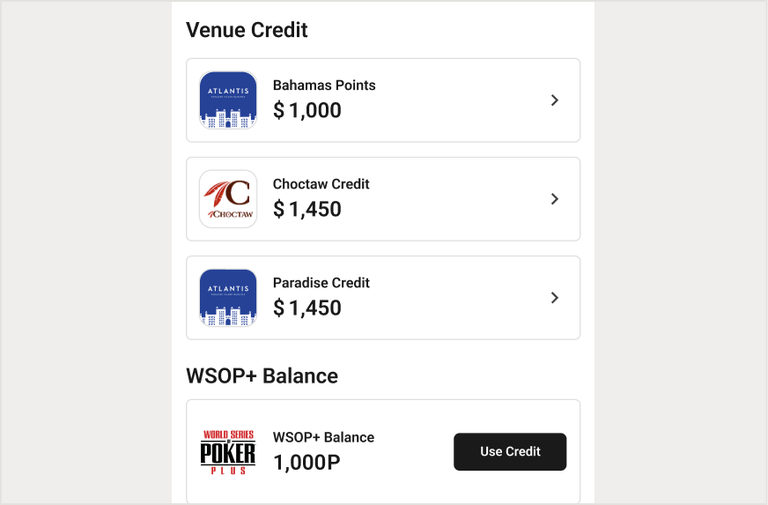 대회장별 Venue Credit과 WSOP+ 잔액 화면