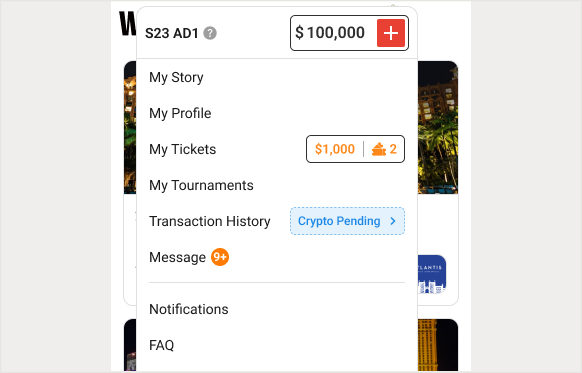 프로필 메뉴의 거래 내역 옆 Crypto Pending 표시